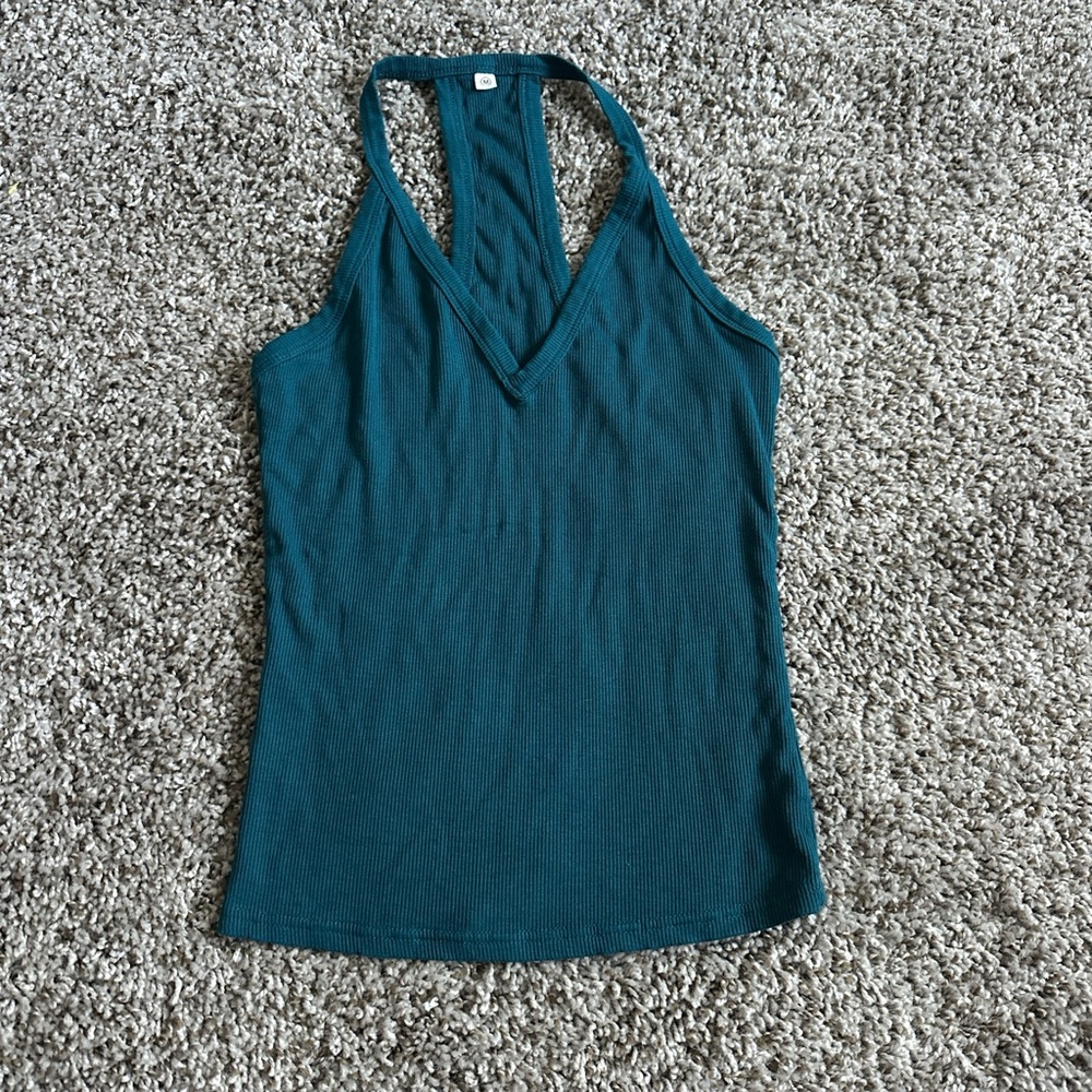Women's Teal Ribbed V-Neck RACER BACK Tank Top